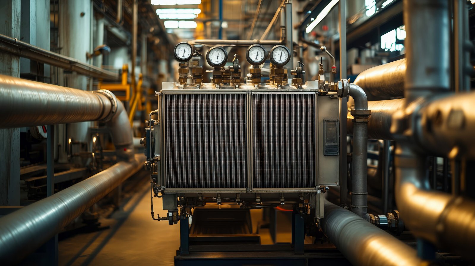 a large industrial heat exchanger with pressure gauges in a factory, surrounded by metallic pipes