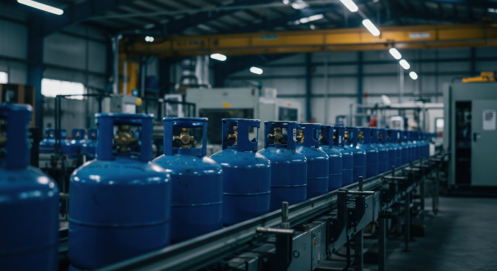 cylinders on conveyor belt in industrial setting