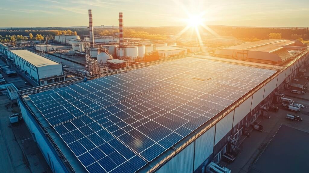 large industrial building using solar panels on rooftop at sunset