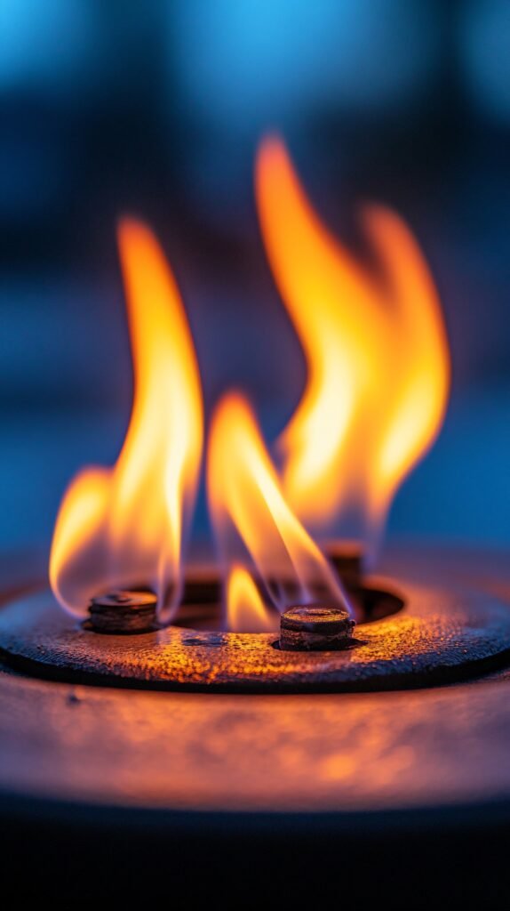 Products & Services outdoor flames burn brightly at dusk